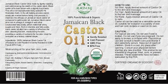 USDA Organic Jamaican Black Castor Oil - 100% Pure, Cold Pressed, Hexane-Free & Vegan, 2oz Brown Glass Bottle w/Dropper & Dual Brush for Hair Growth, Thicker Eyelashes, Brows & Scalp Care