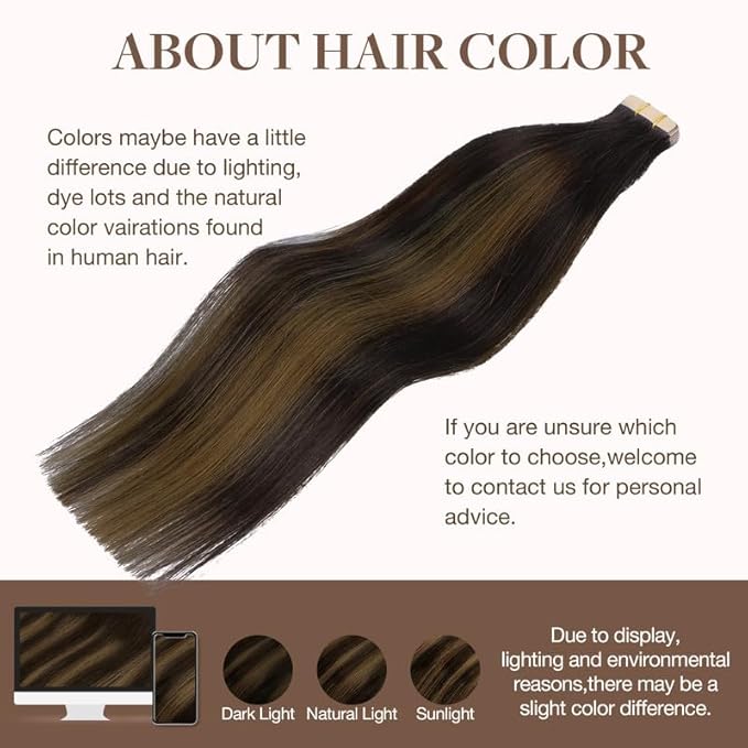 GOO GOO Tape in Hair Extensions Human Hair, 2/6/2 Balayage Dark Brown to Chestnut Brown, 16inch 100g 40pcs, Skin Weft Seamless Invisible, Silky Straight with Thick Ends, Remy Human Hair