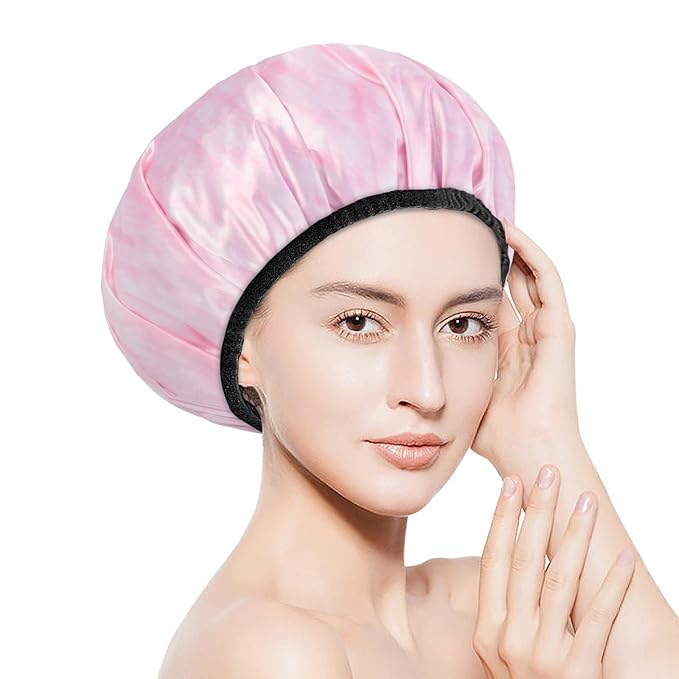Aquior Shower Cap,Extra Large Triple Layer Bathing Cap with Dry Hair Function for Women Microfiber Terry Cloth Silky Satin 100% Waterproof Reusable Long Hair Bath Caps (Pink Cloud)