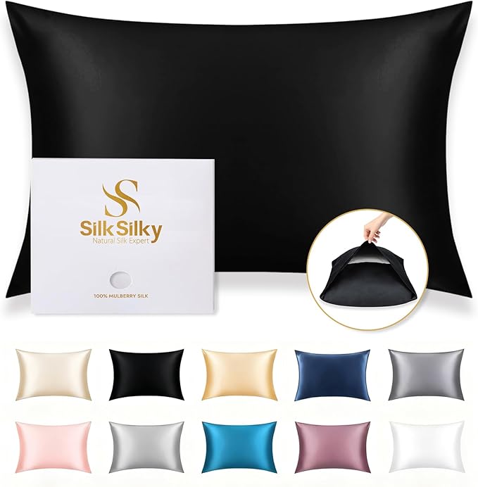 SilkSilky 100% Mulberry Silk Pillowcase - Pure 22 Momme High-Grade 6A Fibers for Hair & Skin, Envelope Closure, Natural, Organic, Breathable & Cooling Pillow Case (King, Black)