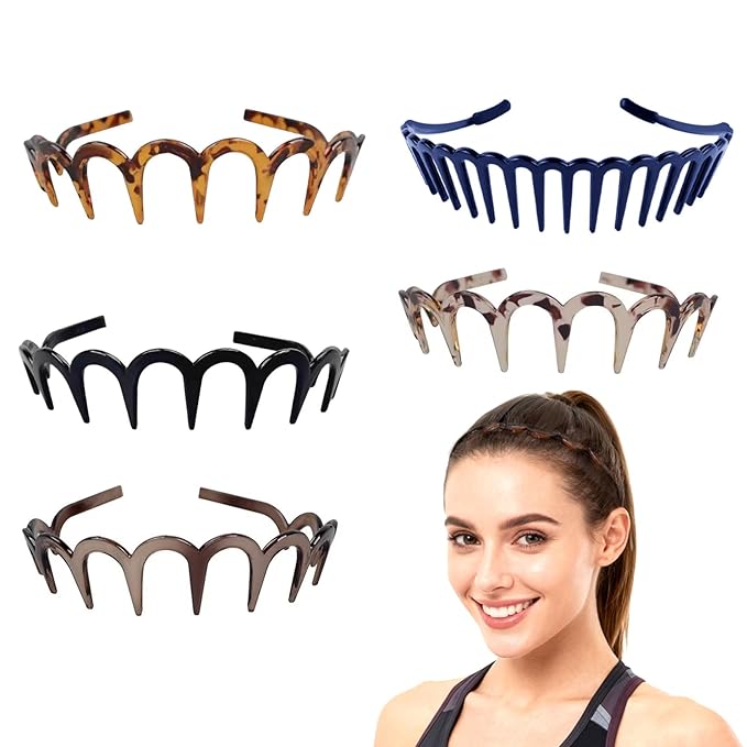 5 PCS Zig Zag Headbands for Women Non Slip, Recycled Plastic Tortoise & Black Headbands with Teeth for Slicked Back Styles, high skull headband Comfortable Comb Hairbands for Women & Girls
