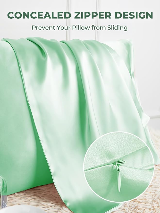 Mulberry Silk Pillowcase for Hair and Skin, SGMSILK 22 Momme Natural Silk Pillow Cases with Zipper, 6A Soft and Smooth Single Sided Pure Silk Pillow Cover (Light Green, Standard 20"x26")