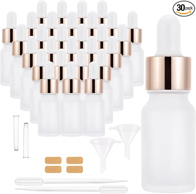 30 Pack 10ml Frosted Glass Dropper Bottles for Essential Oils, 1/3oz Eye Dropper Bottles with Rose Golden Caps for Travel, Mini Empty Glass Tincture Vials with Droppers, Funnels & 30 Labels