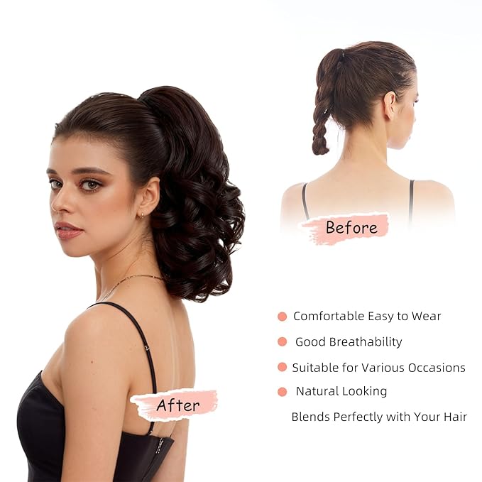 Ponytail Extension, Clip on Ponytails for Women, 12" Claw Clip in Short Curly Wavy Pony Hair Extension for Women - Brunette