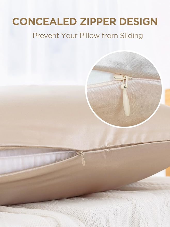 Mulberry Silk Pillowcase for Hair and Skin, SGMSILK 22 Momme Natural Silk Pillow Cases with Zipper, 6A Soft and Smooth Single Sided Pure Silk Pillow Cover (Champagne, Standard 20"x26")