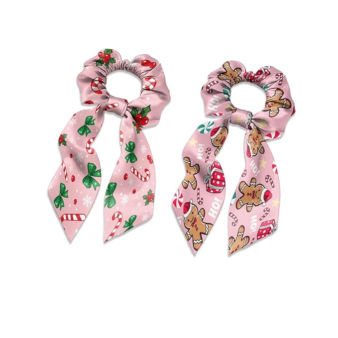 Xmas Candy Cane Pack Of 2 Knotted Bow Hair Scrunchies Gingerbread Man Ponytail Holder Ladies Pink Ribbon Scrunchy Accessory for Christmas