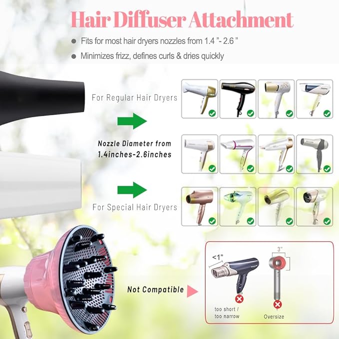 Universal Hair Diffuser for 1.4"-2.6" Blow Dryers, Diffuser Hair Dryer Attachment, Professional Hair Diffuser for Curly Wavy Long Thick Hair (Pink)