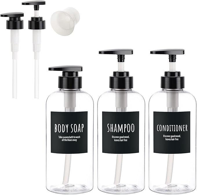 Shower Bottles with 2 Extra Pumps, Segbeauty 3 Packs of 16.9oz Shampoo and Conditioner Bottles with Funnel, 500ml Clear Refillable Bathroom Body Wash Dispenser, Reusable PET Squeeze Bottles with Pump