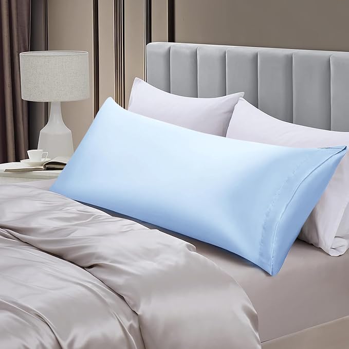 Aormenzy Satin Body Pillow Cover Set of 2, 20x54 Inches Baby Blue Body Pillow Case for Adults, Silky Soft & Cooling with Envelope Closure