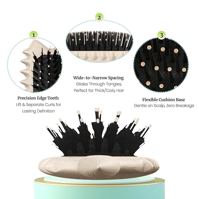Curly Hair Brush Boar Bristles Curl Defining Brush With 2 Psc Silk Scrunchies Detangling Brush For Curly Hair Detangling Brush Styling Comb Curling Curling Brush (Beige)