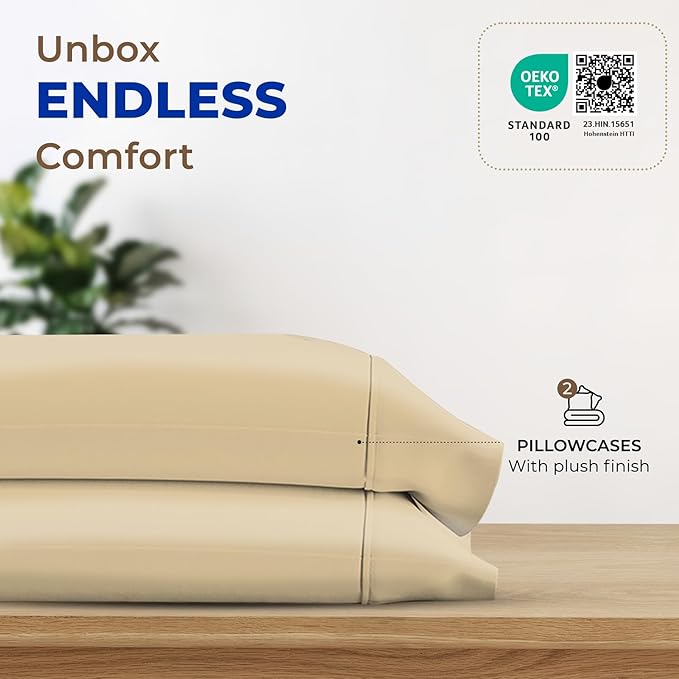 THREAD SPREAD 100% Egyptian Cotton Pillow Cases - 1000 Thread Count Queen/Standard Size Set of 2, Soft & Breathable Extra Long Staple Sateen Weave Cotton Pillow Covers for Bed - Sand