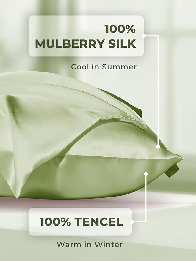 Mulberry Silk Pillowcase for Hair and Skin, SGMSILK 22 Momme Natural Silk Pillow Cases with Zipper, 6A Soft and Smooth Single Sided Pure Silk Pillow Cover (Matcha, King 20"x36")