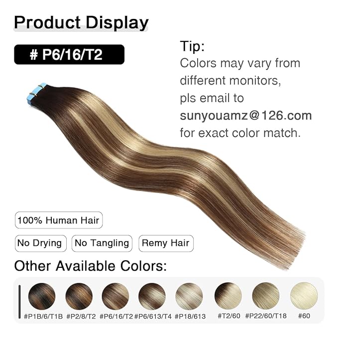 SUYYA Tape in Hair Extensions Human Hair Balayage Darkest Brown to Chestnut Brown and Light Blonde 40g/pack 20pcs Straight Seamless Skin Weft Tape in Real Human Hair Extensions(16inch #P6/16/T2)