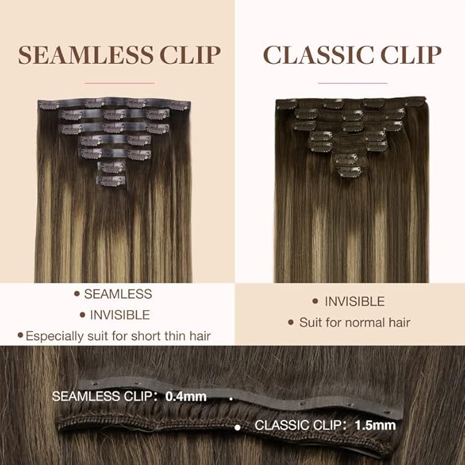 GOO GOO Clip in Hair Extensions Real Human Hair, Remy Human Hair Extensions Clip ins for Women, Natural Human Hair, 18inch 110g 7Pcs, 4/27/4 Balayage Chocolate Brown to Caramel Blonde