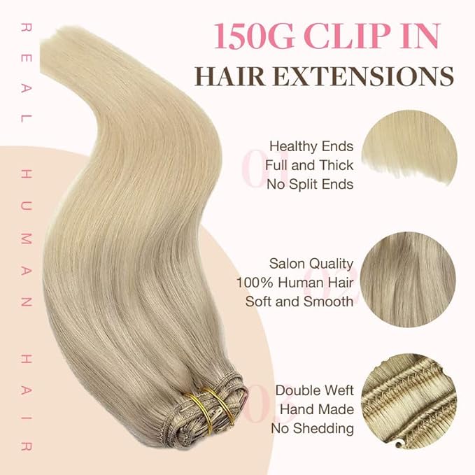 GOO GOO Clip in Hair Extensions - Real Human Remy Hair, Natural, 14inch 150g 9Pcs, Balayage Ash to Platinum Blonde