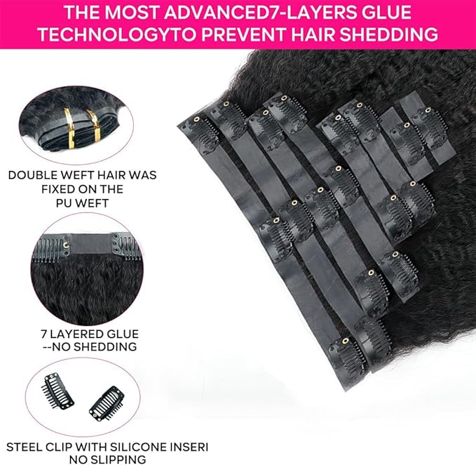 Seamless Kinky Straight Clip in Hair Extensions for Black Women Brazilian Virgin Human Hair Extensions 8Pcs Seamless Clip ins Human Hair with 18Clips Invisible PU Skin Weft 120g 18inch Natural Black