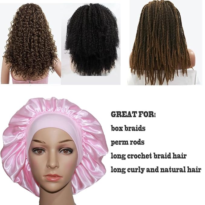 VEYRNEIC Hair Satin Bonnet for Sleeping Shower Caps Silk Chemo Caps with Wide Elastic Band Night Sleep Cap Bonnets for Black Women Braids with Satin Storage Bag (Pink)