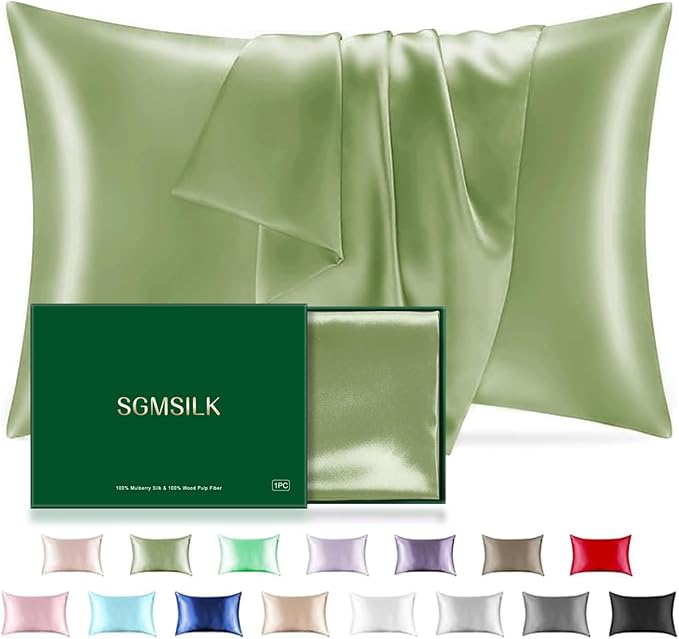 Mulberry Silk Pillowcase for Hair and Skin, SGMSILK 22 Momme Natural Silk Pillow Cases with Zipper, 6A Soft and Smooth Single Sided Pure Silk Pillow Cover (Matcha, Standard 20"x26")