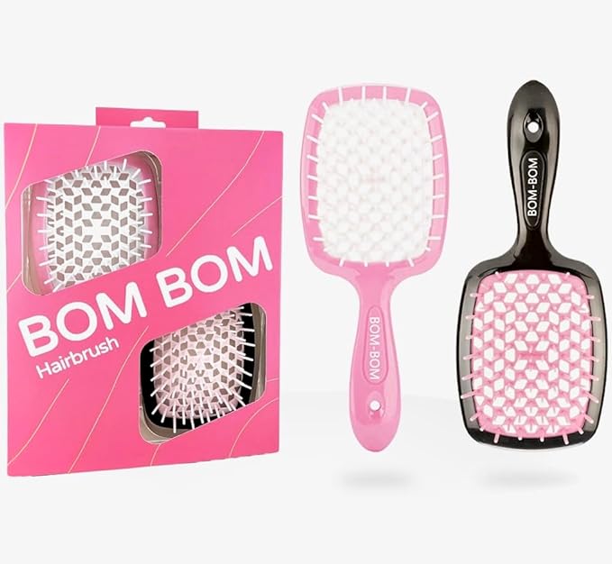 BOM BOM 2 Unit Kit, Wet And Dry Vented Detangling Hair Brush For All Hair Types, Light Weight Hairbrush, Scalp Massage Brush (Black light pink)