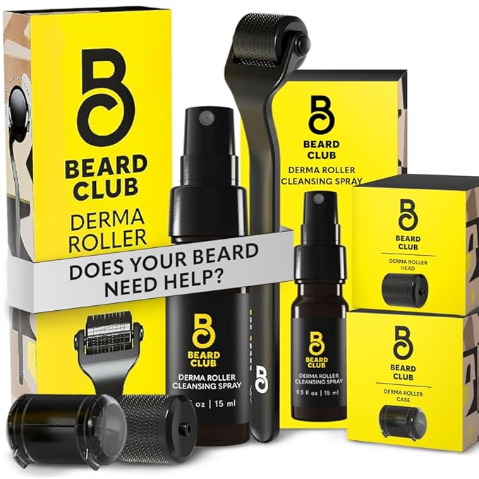 Beard Club Premium Derma Roller, Cleansing Spray & Replacement Head for Face, Body and Scalp - Microneedling Hair & Beard Roller for Men and Women with 540 Titanium Microneedles