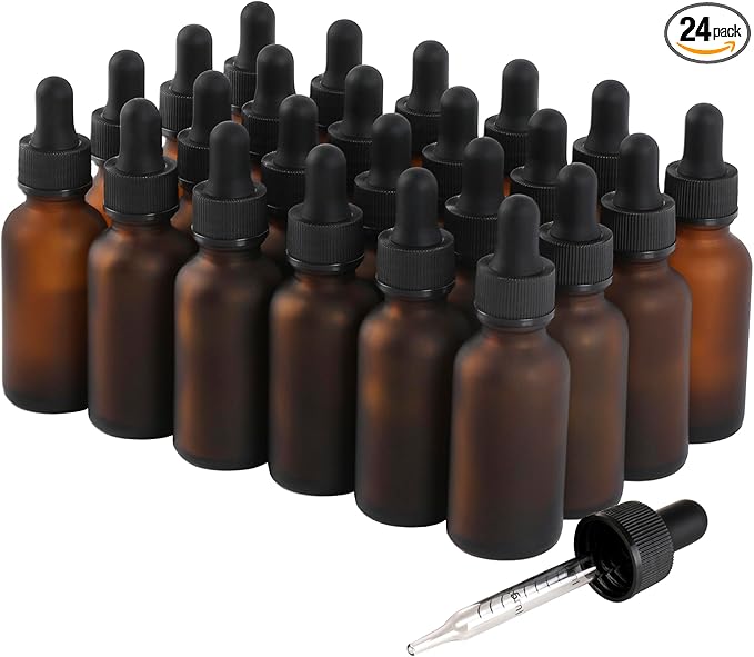 24 Pack,1oz Glass Dropper Bottle, Amber Tincture Bottles with Dropper, Pretty Finish for All Kinds of Liquids,Oil Bottles for Hair- Stronger Suction ideal for Leakproof Travel