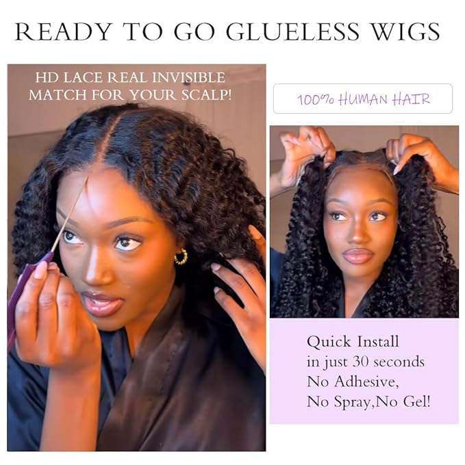 7x6 Burmese Curly Glueless Wigs Human Hair Pre Plucked Pre Cut 250% Density Drawstring Wig Human Hair 7x6 HD Lace Front Wigs Human Hair for Black Women Wear and Go Glueless Wig Natural Color 34inch