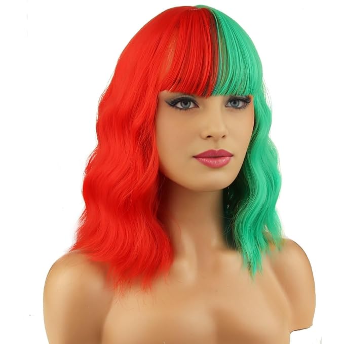 BERON 14 Inches Half Red Half Green Wig with Bangs Short Wavy Wig Green Red Wigs for Christmas Party
