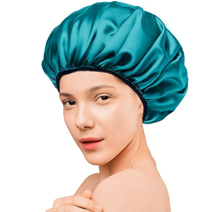 Aquior Shower Cap,Extra Large Triple Layer Bathing Cap with Dry Hair Function for Women Microfiber Terry Cloth Silky Satin 100% Waterproof Reusable Long Hair Bath Caps (Green)