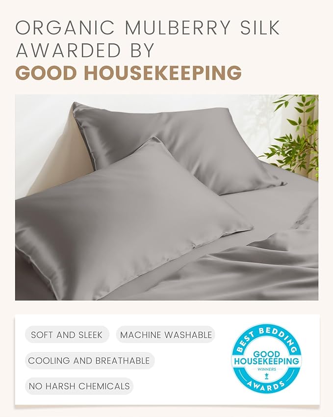 THXSILK Set of 2 Silk Pillowcase for Hair and Skin, 100% Mulberry Silk Bed Pillowcase Ultra-Soft, Hypoallergenic Breathable Silk Pillow Case with Hidden Zipper, California King 20"x40", Gray