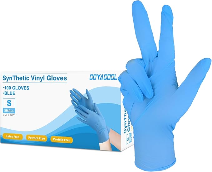 Disposable Latex Free Gloves, Nitrile and Vinyl Blend Material Disposable Gloves, Powder Free, 4 Mil Thick - Food Grade Glove,100 Pc. Cleaning Glove Small, Blue
