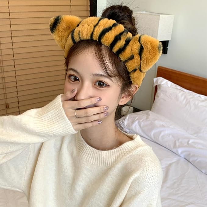 2pcs Tiger Plush Hairbands for Women Wide Elastic Fuzzy Head Wraps with Cute Ears Soft Spa Headbands for Face Washing Makeup Skincare Shower and Mask Application White Yellow