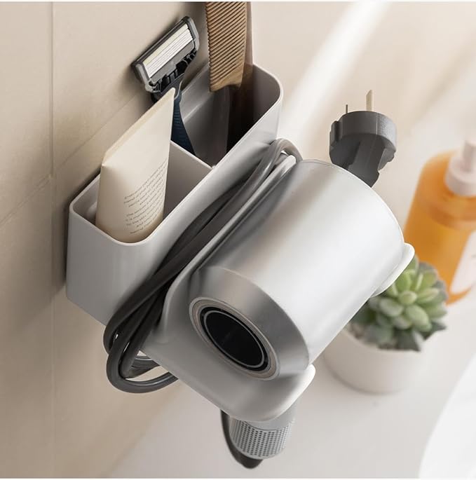 Hair Dryer Holder, Blow Dryer Hanger Wall Mount for Hair Dryer Hook with Plug&Cord Organizer Self Adhesive for Cabinet Bathroom (White Style B (1 Pack))