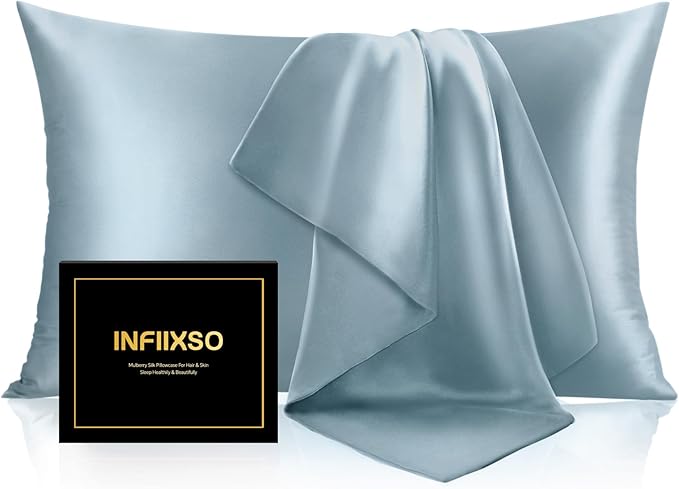 INFIIXSO Mulberry Silk Pillowcase for Hair and Skin, Silk Pillow Cases Queen Size Set of 2 with Hidden Zipper 20"x30", Ultra Smooth and Soft Cooling Pillow Cases for Hot Sleepers(Airy Blue, 2 Pack)