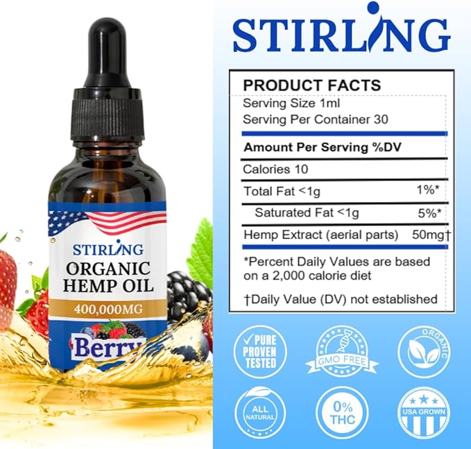 Stirling Organic Hemp Oil - 400,000mg Natural Berry Flavor - Enhances Sleep and Helps Reduce Discomfort - THC-Free, Non-GMO, Gluten-Free, High in Omega 3 6 9 - Premium U.S. Hemp Seed Oil