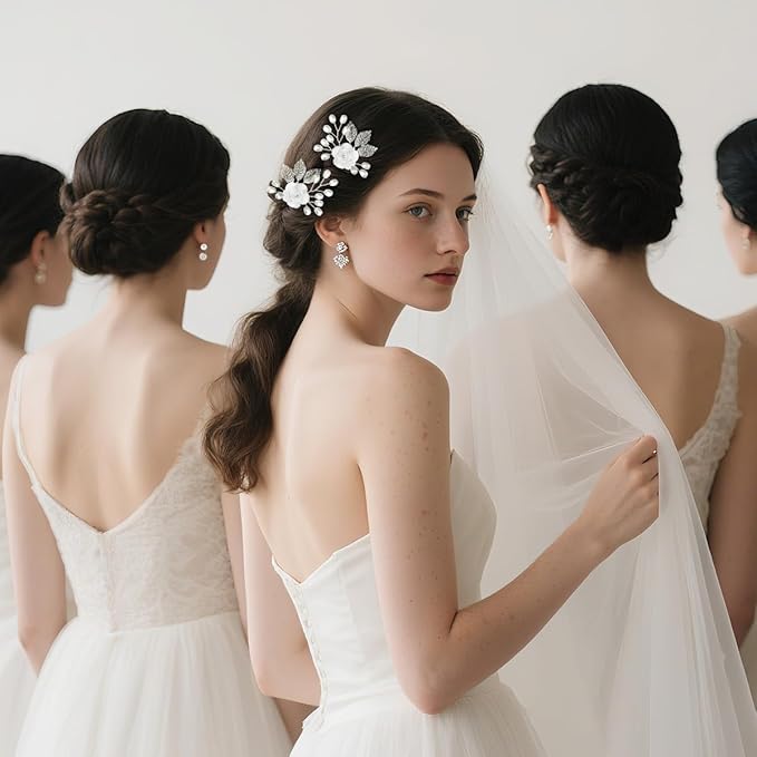 Wedding Hair Accessories Hair pieces Set Crystal bridal hair pins Rhinestone Pearl Hair comb Brides and Bridesmaids, Girls, Women(（4PCS/SET SILVERY)