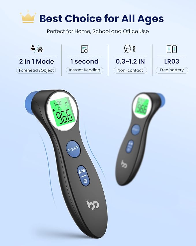 Forehead Thermometer for Adults and Kids, Digital Touchless Thermometer for Baby, Infants and Toddlers, 3 Color Fever Alarm,1s Fast Accurate Reading, Non Contact