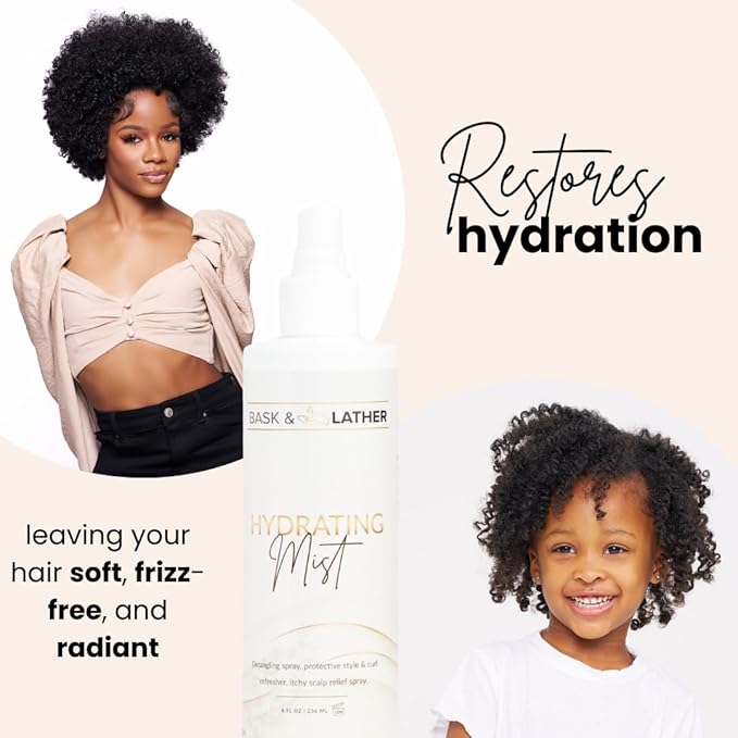BASK & LATHER Hydrating Hair Mist (8 oz) & Elixir Oil (4 oz) Bundle — Leave-In Conditioner + Jamaican Black Castor Oil for Growth, Moisture, Detangling, Scalp Relief & Strength