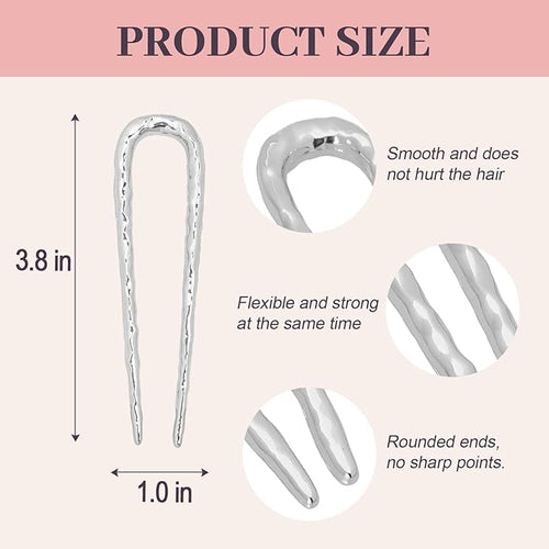 2PCS 3.8Inch French Hair Pins U-Shaped Pins for Women and Girls Fashion Metal Hair Pin French Twist Hair Pins for Buns, Updos,Stylish and Functional(set2-silver)