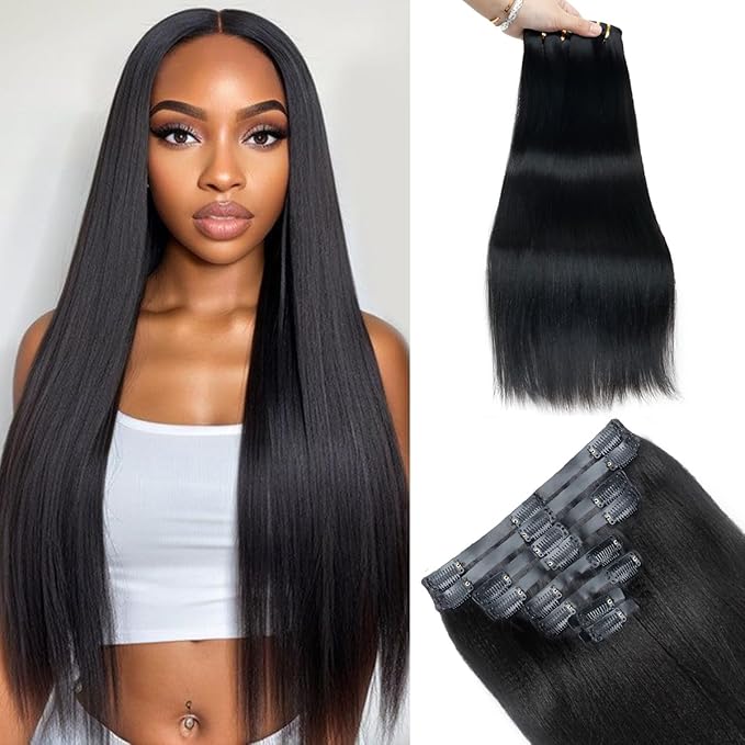 Yaki Straight Clip in Hair Extensions Real Human Hair 2 Pack 240g Seamless Clip ins for Women Full Max 15A Remy Human Hair Extensions with 16Pcs PU Thin Weft 14inch Natural Black
