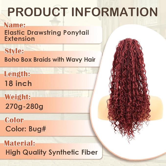 Drawstring Ponytail for Women Boho Box Braids with Long Wavy Hair Ponytail Extension Synthetic Hair Extensions Ponytail for Daily Use (BUG#, 18 Inch)