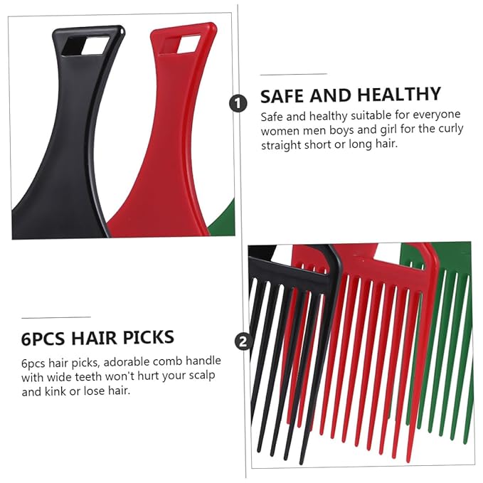 6pcs Plastic Hair Pick Combs for Afro Curly Hair Wide Tooth Detangling Accessories for Men and Women for Frizz Reduction and Smooth Styling