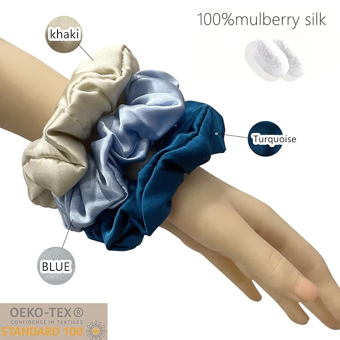 Suncdelv Silk,100% Silk Scrunchies for Hair,22 Momme Hair Ties for Anti-Crease & Breakage,Natural Women Hair Accessories，Fashion Hairbands 3PCS（Sapphire Blue）