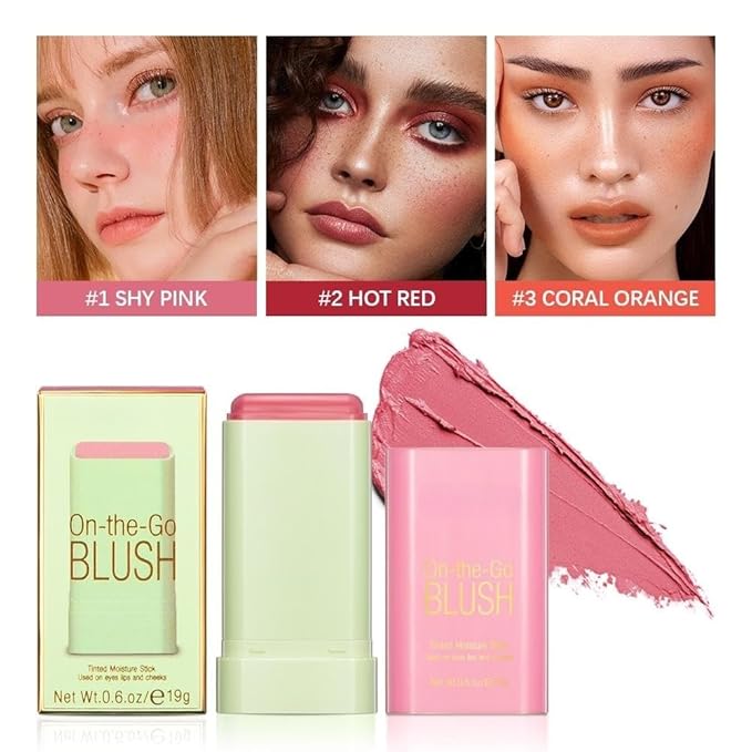 On-the-Go Makeup Blush Stick Tinted Moisture Stick, Shadow Lips Cheek Blusher Creamy Makeup Long Lasting Natural Nude Makeup for All Skin (3PC)