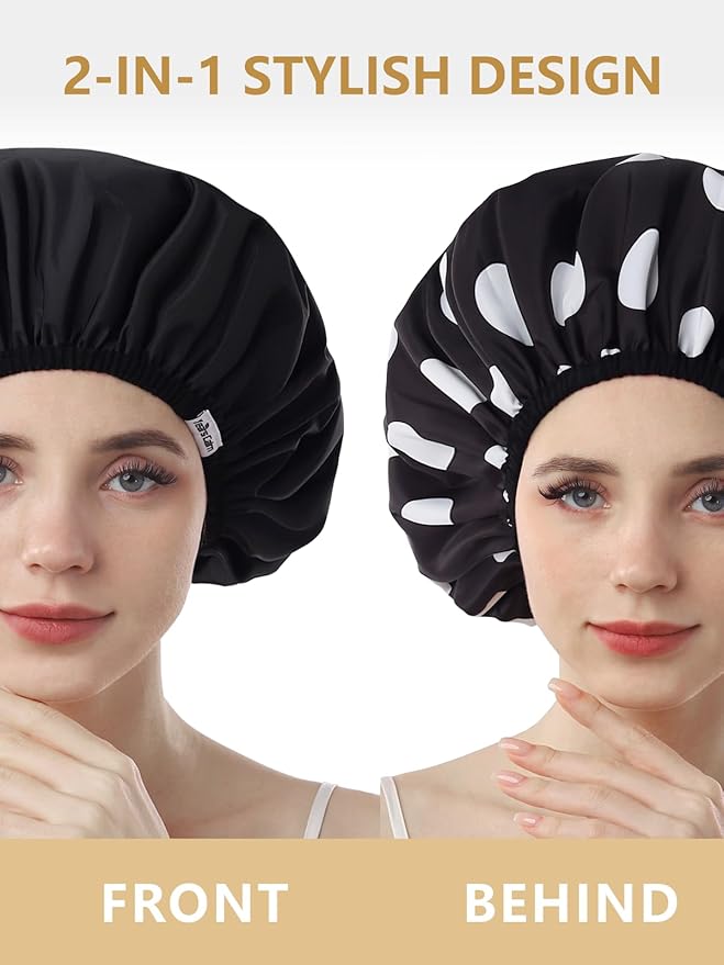 Years Calm Shower Caps For Women Reusable Waterproof，Pattern And Solid Color Dual-Layer Design For Dual-Layer Usable，Protects Hair In Shower, Spa, Cooking, Clean & Travel (Black, Extra Large)