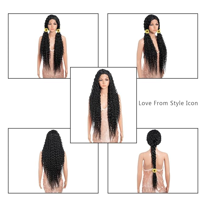 Style Icon 36”Super Long Curly Wig C-Shaped Side Part Lace Wig Afro Baby Hair Synthetic Black Wigs(36 inches, 1B)