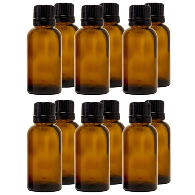GreenHealth – Pack of 12 – 30 ml (1 oz) Amber Glass Bottles with Euro Dropper and Tamper-Evident Cap – Refillable Boston Round Bottles for Essential Oils and Aromatherapy