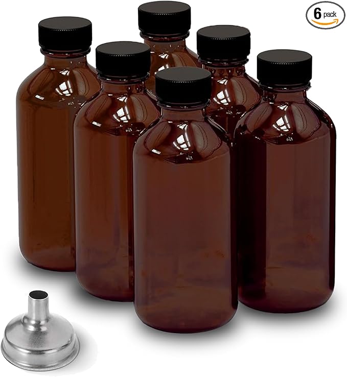 6 Pack 2oz Amber Glass Bottles for Vanilla Extract, Boston Round Leak-Proof Brown Glass Jars with Caps, Bonus Funnel - Ideal for Homemade Extracts, Essential Oils, DIY Christmas Party Gift Supplies