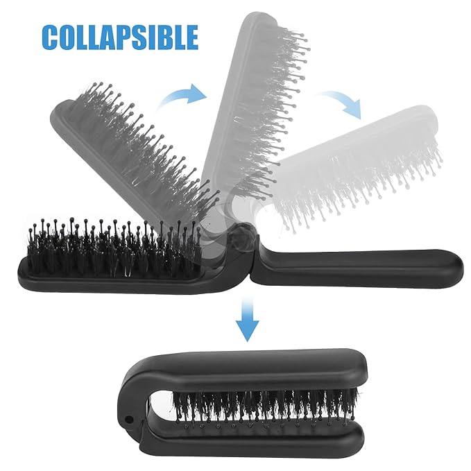 Ancable 2Pcs Travel Folding Hair Brush, Collapsable Portable Pocket Boar Bristle for Thin/Thick Hair, Mini Hairbrush for Men Women Kids, Wet/Dry Hair, Restore Shine, Black