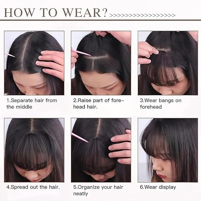 Clip in Bangs Light Brown Color 100% Real Human Hair Wispy Clip on Bangs Extensions Fringe with Temples Hairpieces for Women
