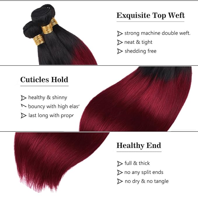 Burgundy Human Hair Bundles Ombre Straight Bundles 20 22 24 Inch Niegmeag Virgin Remy Hair Extensions 2 Tone Black and Red Straight Bundle 1B99J Color 150g